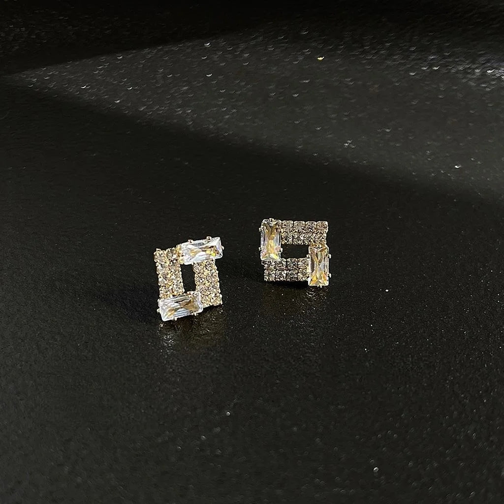 Micro Pave Zircon Copper Stud Earrings Minimalist Hollow Square Geometric Light Luxury Jewelry