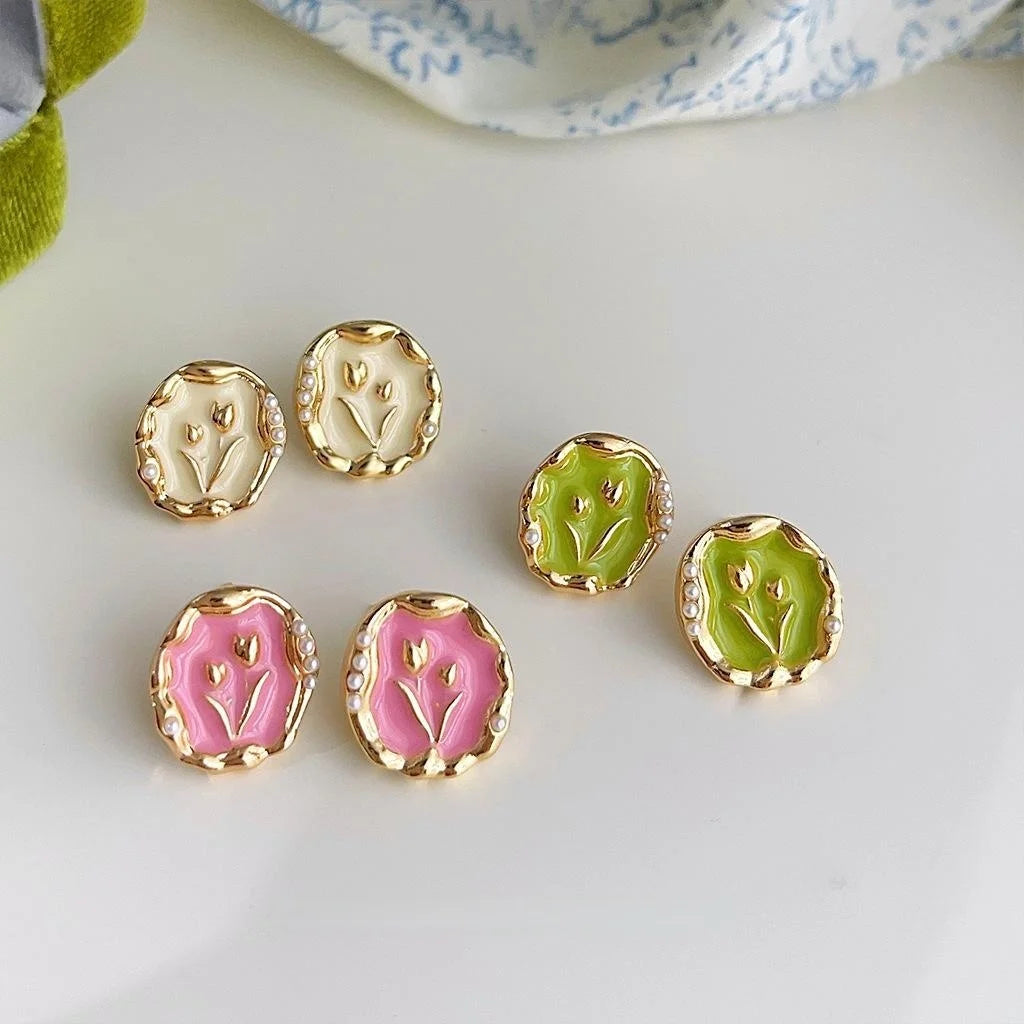 Sweet Pastoral Copper Tulip Flower Stud Earrings Pink Green Spring Garden Floral Jewelry