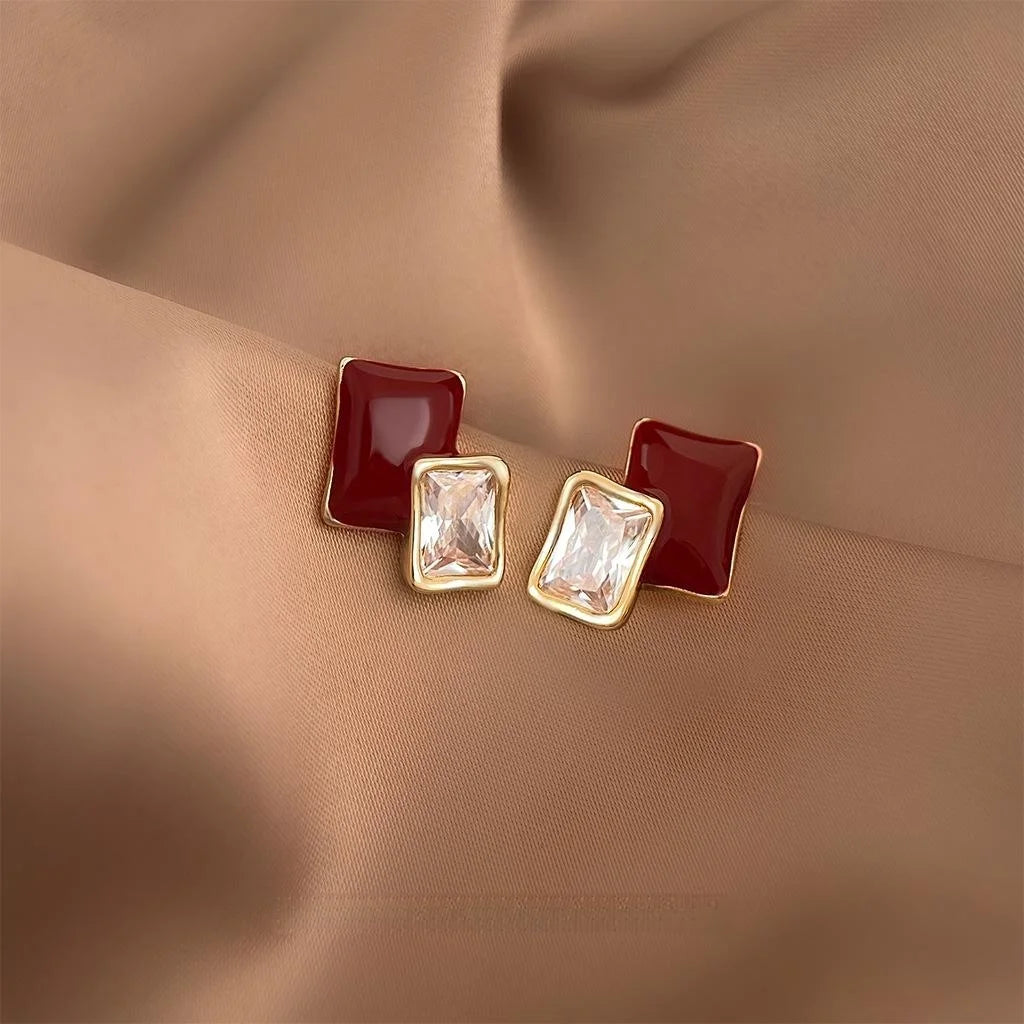 14K Plated Copper Geometric Square Zircon Burgundy Enamel Stud Earrings