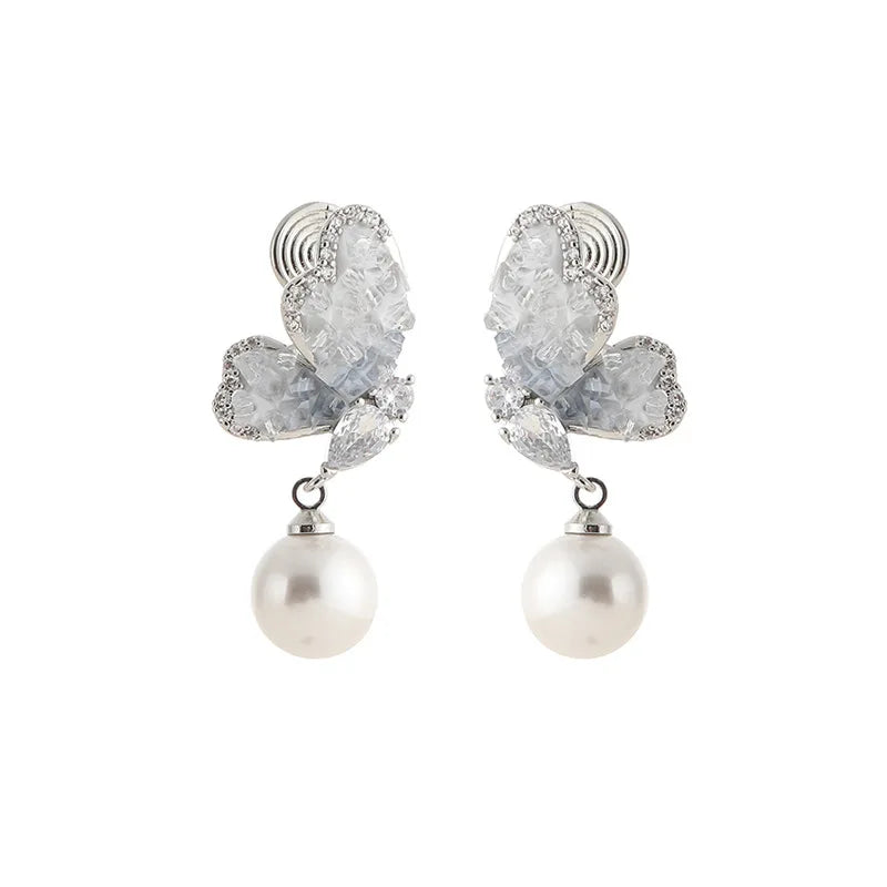 Elegant Blue Crystal Butterfly Pearl Drop Stud & Clip On No Piercing Luxury Rhinestone Earrings
