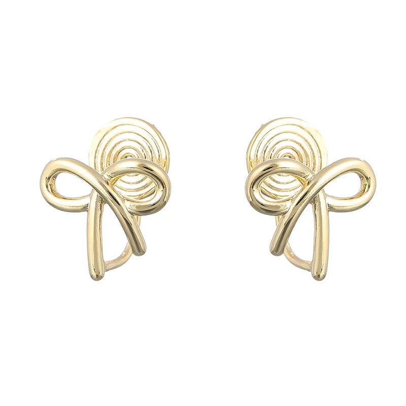 Elegant Minimalist Gold Alloy Ribbon Bow Knot Spiral Stud & Clip On No Piercing Fashion Earrings