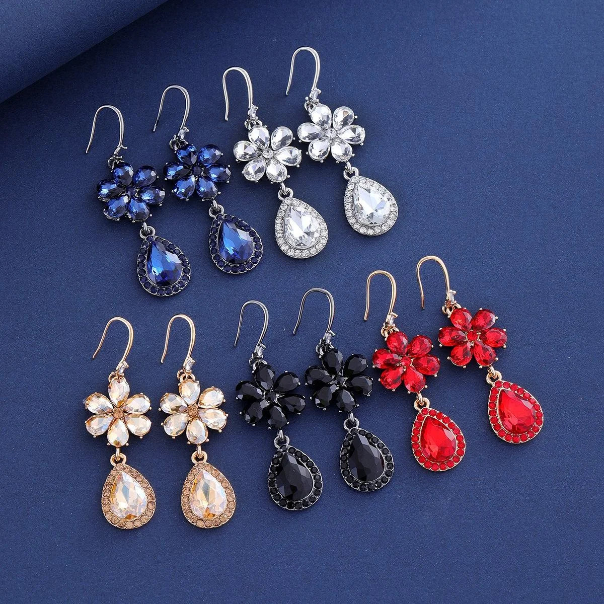 Luxury Rose Gold Alloy Crystal Flower Teardrop Dangle Earrings With Rhinestones For Wedding Party