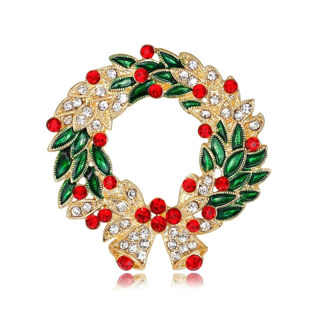 Elegant Christmas Wreath Brooch With Enamel Leaves And Rhinestones, Festive Lapel Pin Corsage Gift