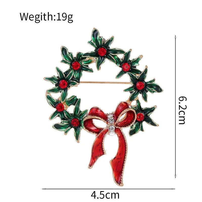 Elegant Enamel Christmas Wreath Brooch With Red Rhinestones, Festive Bow Lapel Pin Corsage Gift
