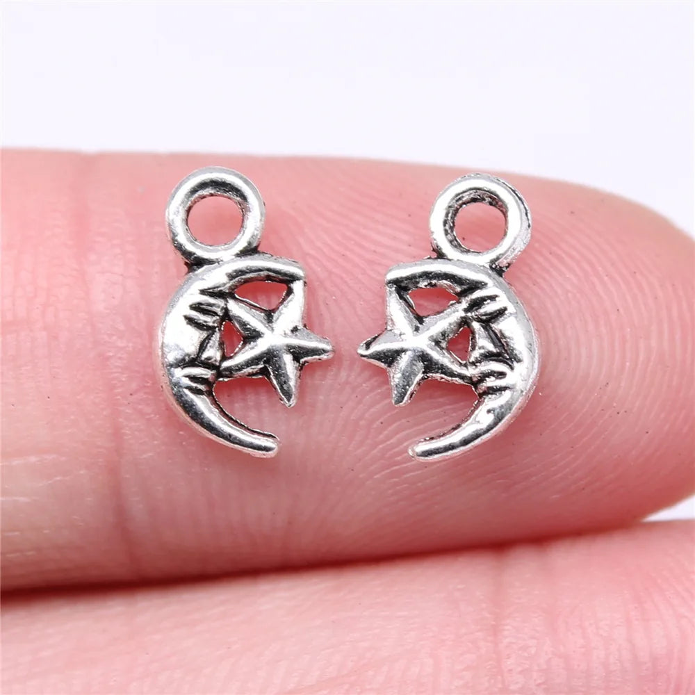 12x7mm 0.3g Antique Silver Zinc Alloy Star Moon Charm Pendant for DIY Necklace Bracelet Making