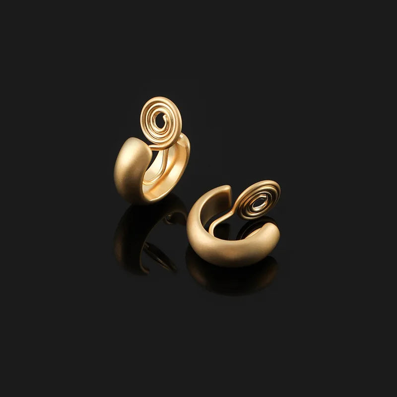 Elegant Matte Gold Alloy Spiral Hoop Stud & Clip On No Piercing Minimalist Small Round Commuter Earrings
