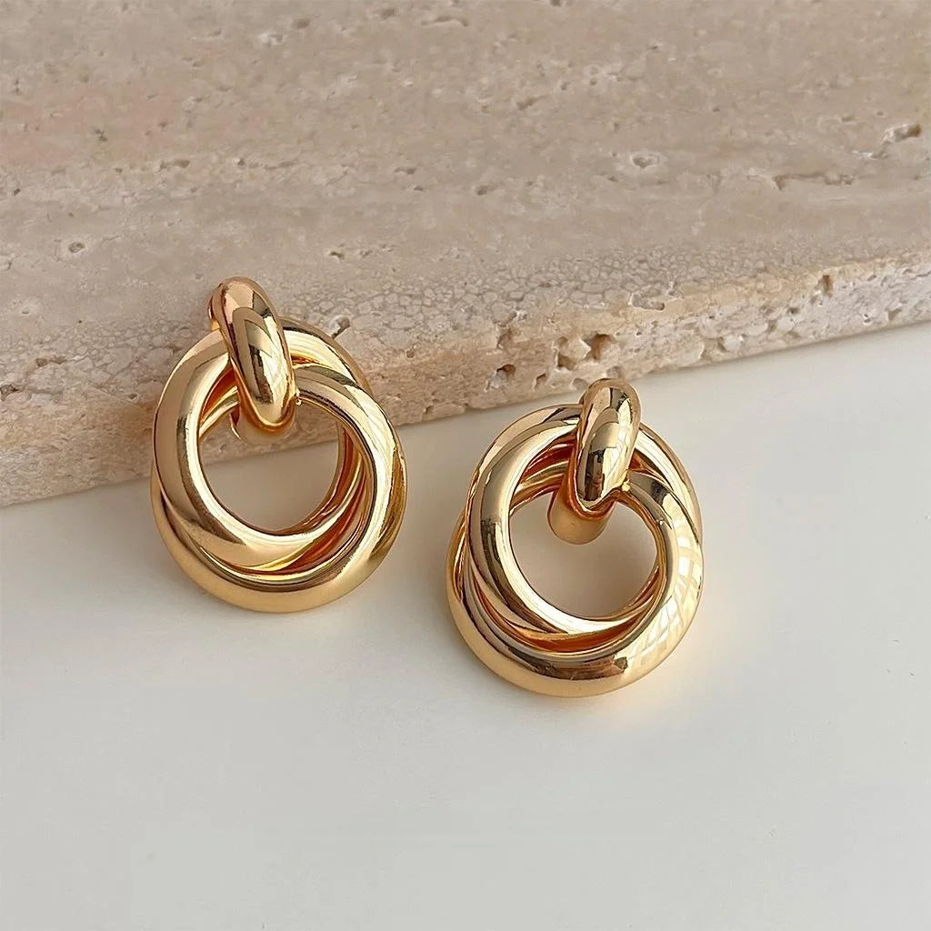 14K Gold Plated Copper Geometric 3D Rope Knot Drop Earrings For Elegant Office Style