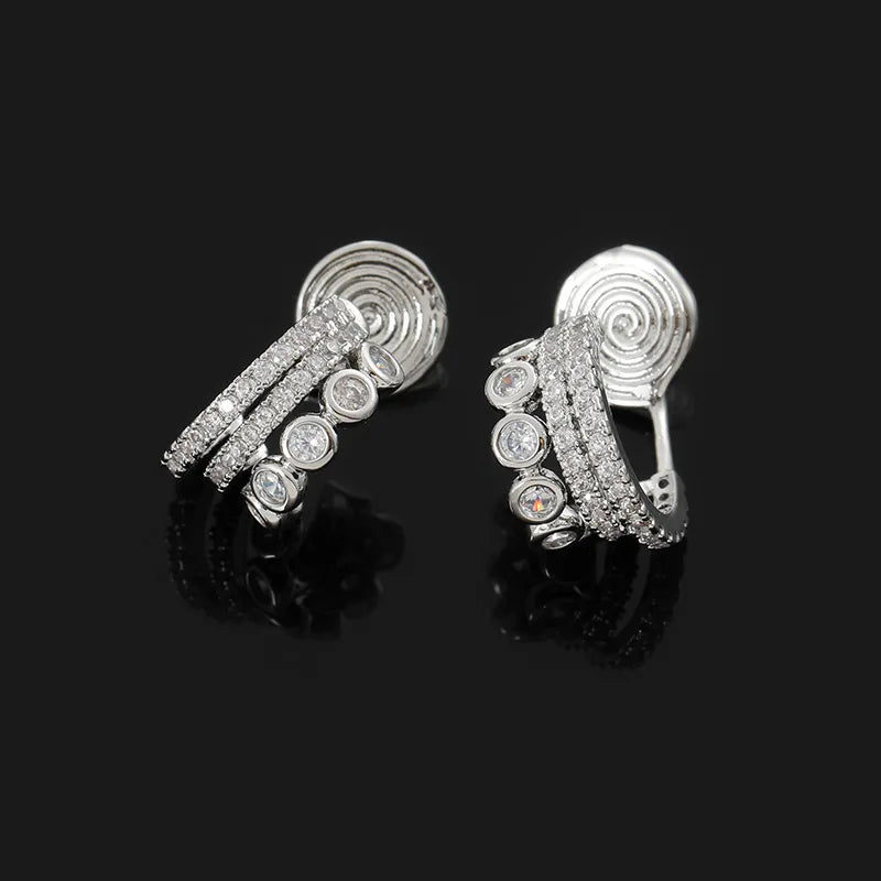 Elegant Silver Tone C Shape Zircon Huggie Hoop Stud & Clip On No Piercing Spiral Ear Cuff Earrings