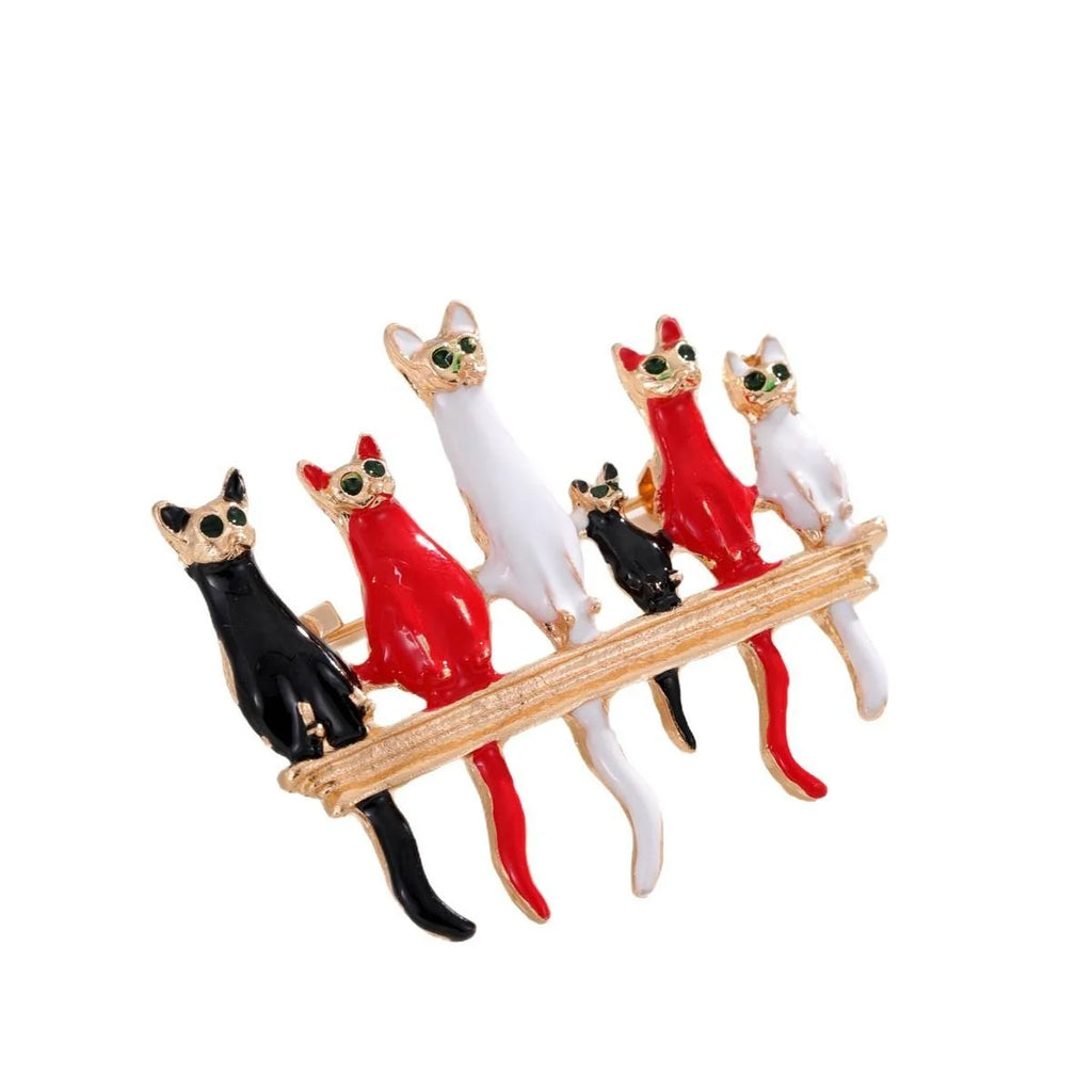 Cute Six Cartoon Cats Alloy Enamel Brooch With Gold Tone Bar, Creative Lapel Pin Corsage Suit Accessory Gift