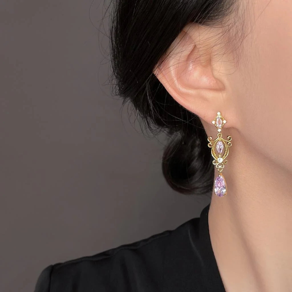 Light Luxury Purple Zircon Teardrop Geometric Copper Drop Earrings
