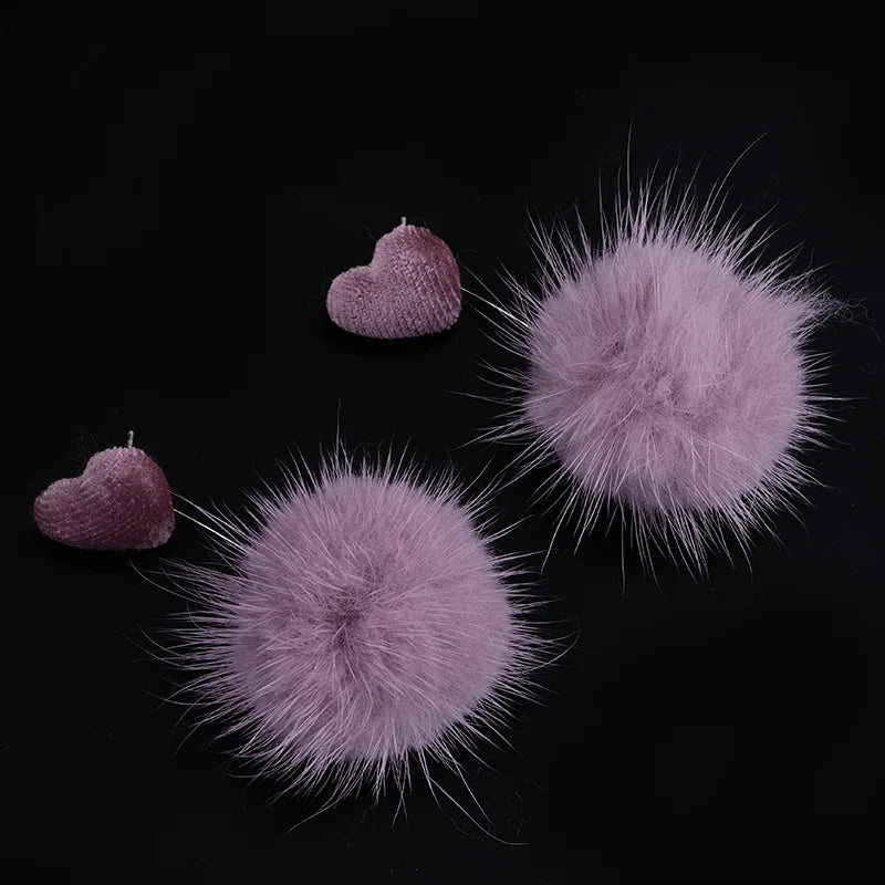 Pink Mink Fur Pom Pom Drop Stud & Clip On No Piercing Alloy Ball Dangle Winter Earrings