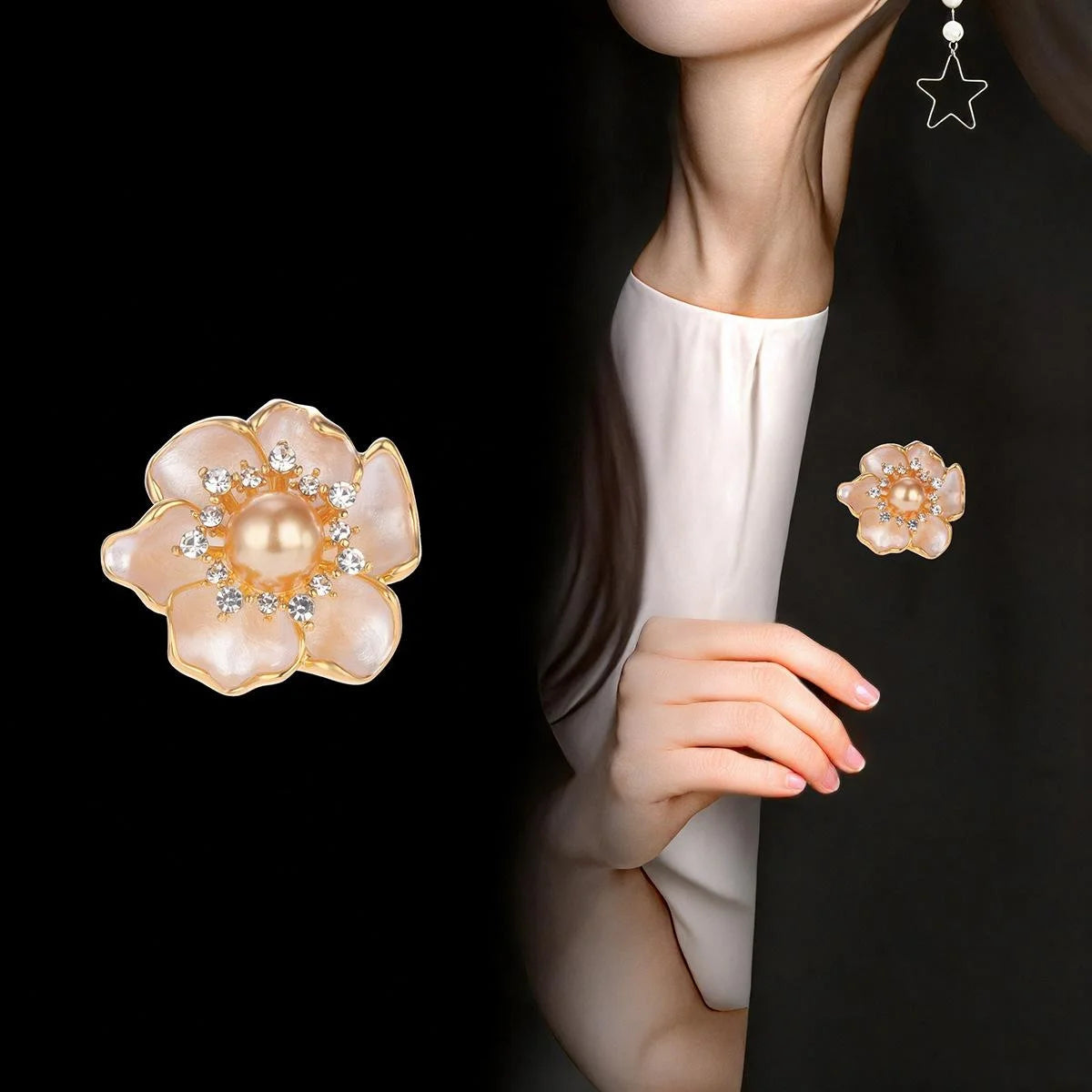 Elegant Camellia Flower Brooch With Pearl Center And Rhinestone Halo, Luxury Lapel Pin Corsage Gift