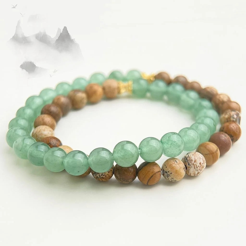 Natural Stone Picture Jasper Green Aventurine Double Layer Bracelet New Chinese Geometric Ring Style For Women