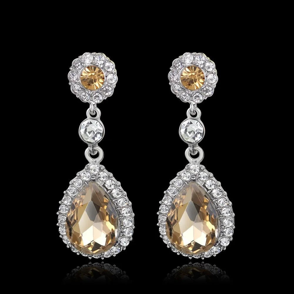 Elegant Red Teardrop Crystal Rhinestone Dangle Earrings, Silver Tone Bridal Jewelry For Wedding Party