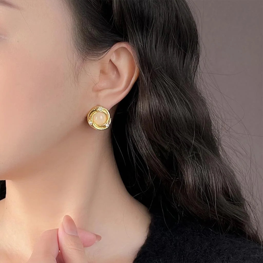 French Vintage 14K Plated Copper Geometric Round Line Stud Earrings