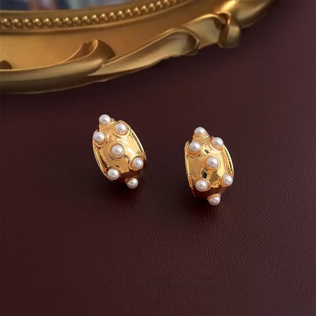 French Vintage Copper High Gloss Pearl Teardrop Stud Earrings Light Luxury Geometric Jewelry