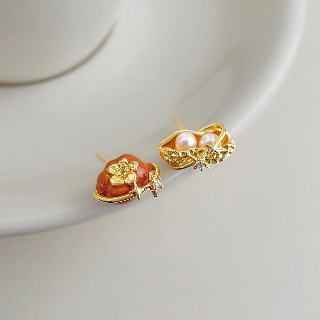 Asymmetric Persimmon Peanut Zircon Enamel Stud Earrings With Pearl Copper