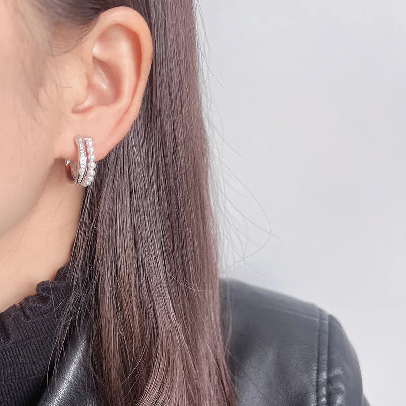 Elegant Pearl Beaded Zircon Hoop Stud & Clip On No Piercing Silver Alloy C-Shaped Huggie Earrings