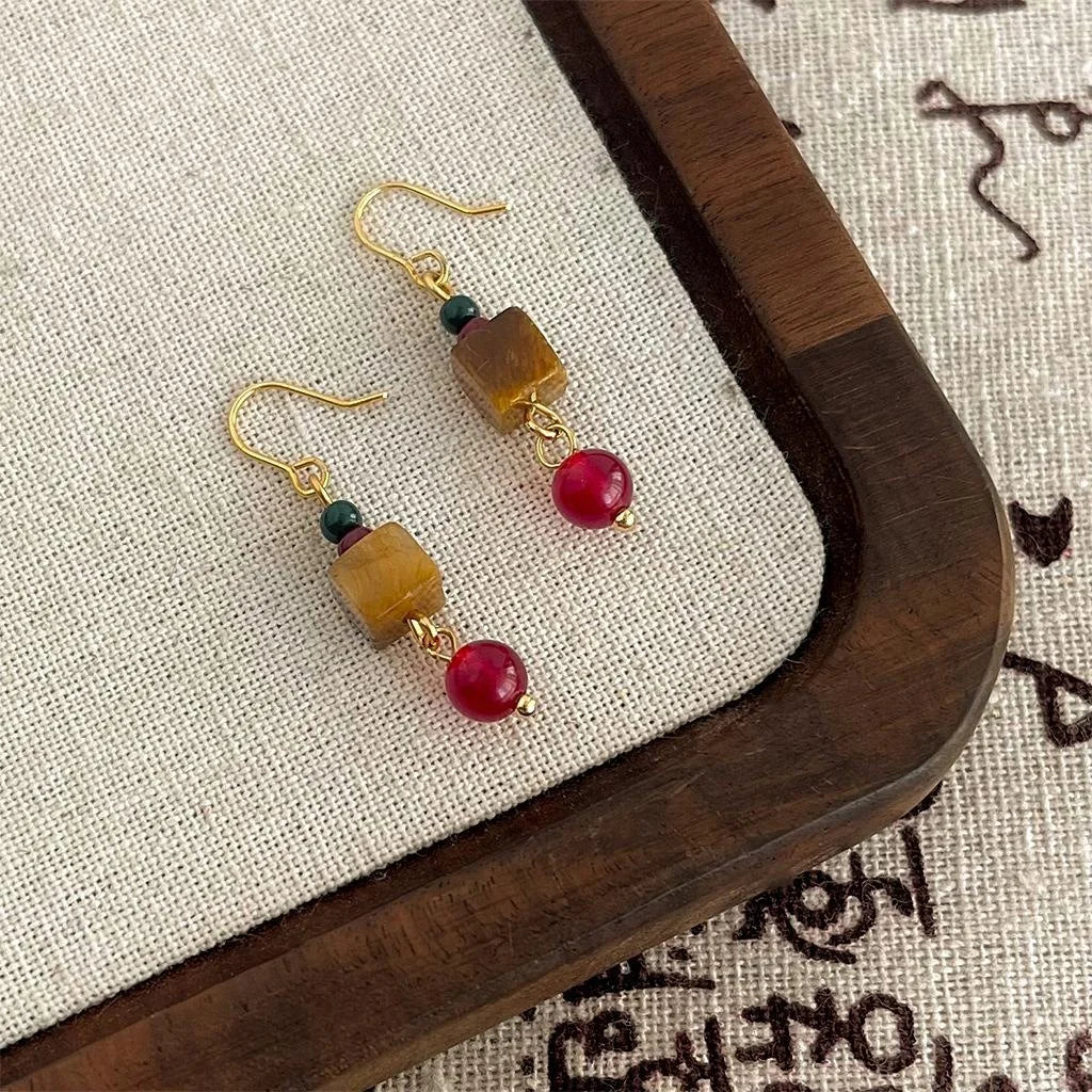 Handmade Natural Stone Tiger Eye Red Agate Geometric Vintage Ethnic Drop Earrings