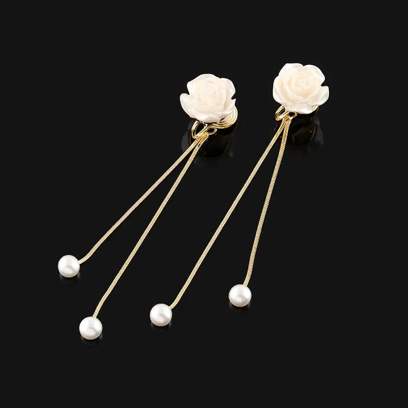 Elegant Rose Flower Pearl Tassel Alloy Chain Stud & Clip On No Piercing Long Drop Earrings