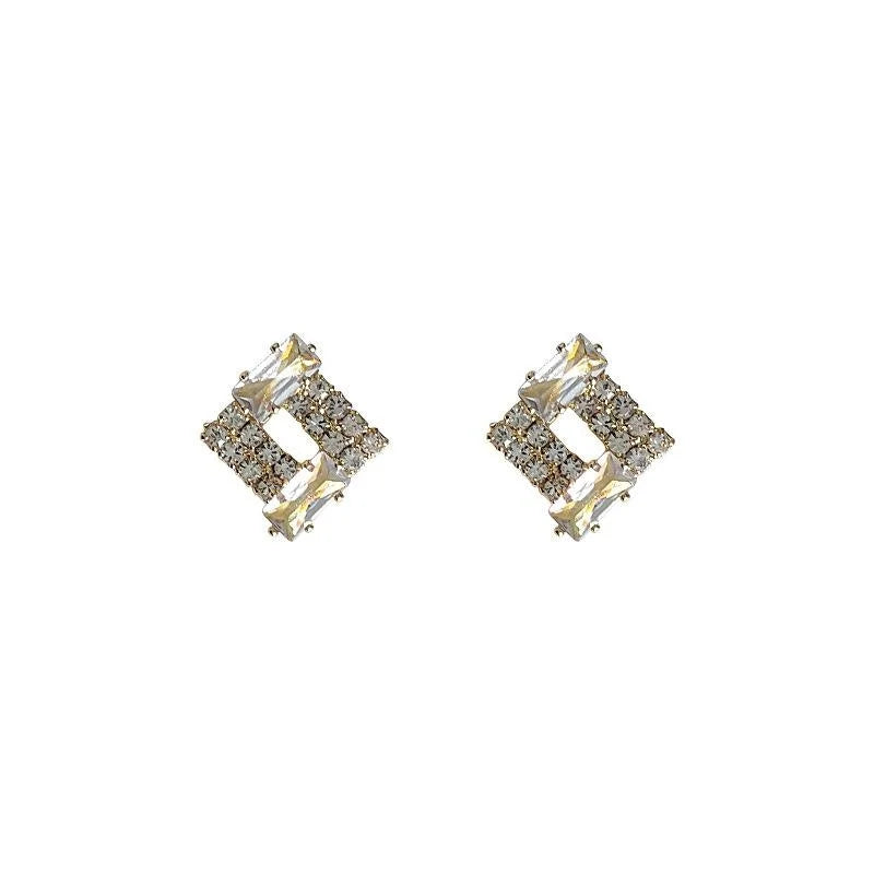 Micro Pave Zircon Copper Stud Earrings Minimalist Hollow Square Geometric Light Luxury Jewelry