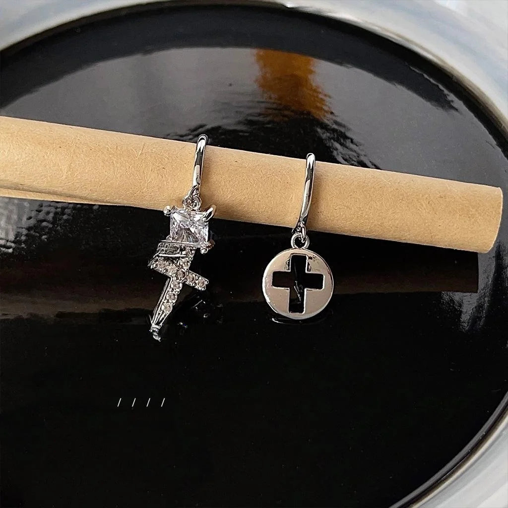 Asymmetric Cross Drop Earrings Copper Micro Pave Zircon Geometric Minimalist Cool Style