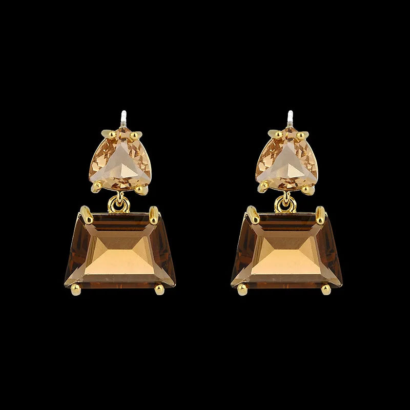 Vintage Luxury Geometric Tea Brown Crystal Alloy Drop Stud & Clip On No Piercing Dangle Earrings