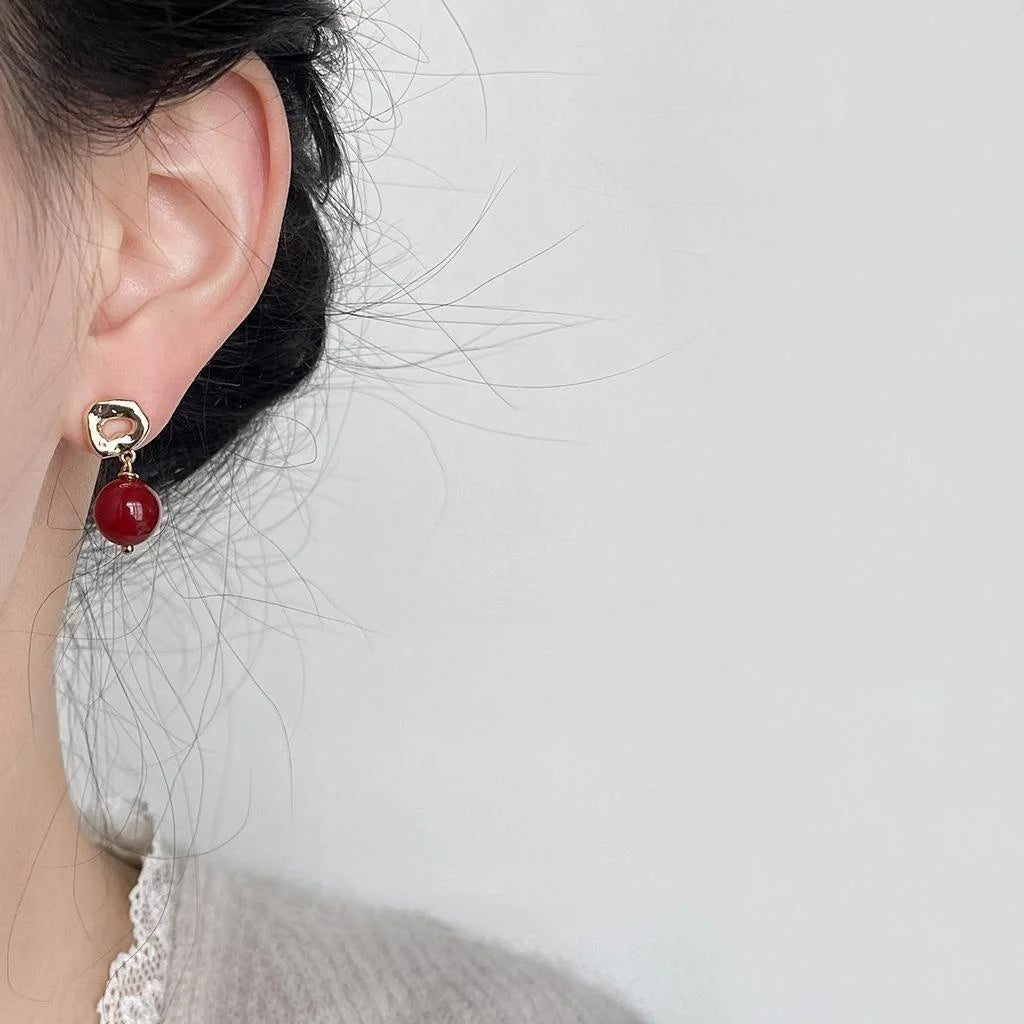 Natural Red Agate 14K Plated New Chinese Palace Style Round Geometric Drop Earrings