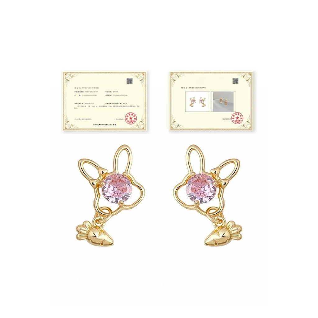 Sweet Pink Bunny Carrot Micro Pave Zircon Copper Drop Earrings For Women