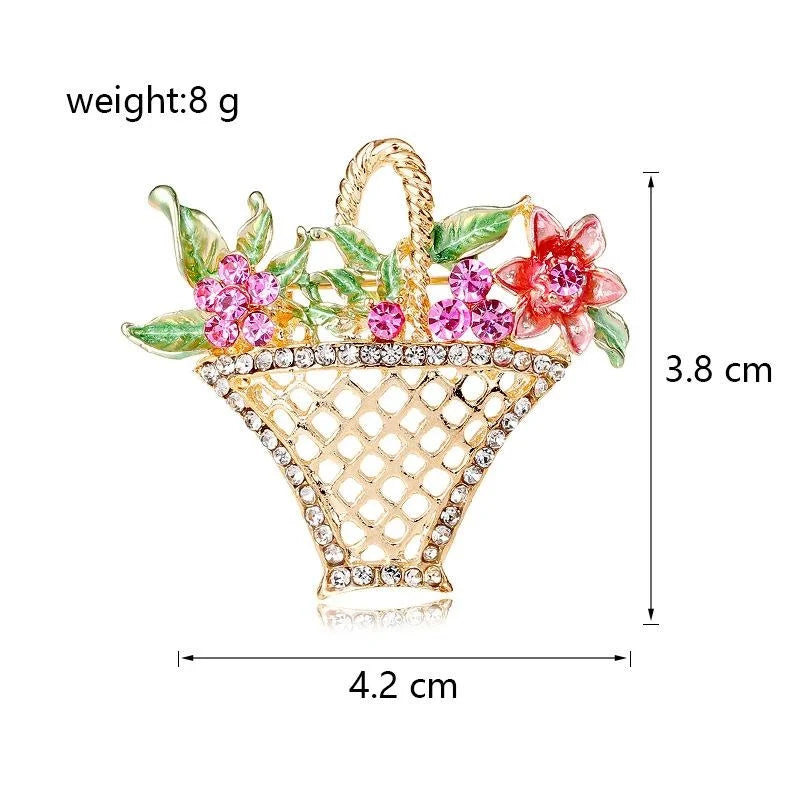 Elegant Hollow Flower Basket Brooch With Enamel Leaves And Rhinestones, Women's Lapel Pin Gift