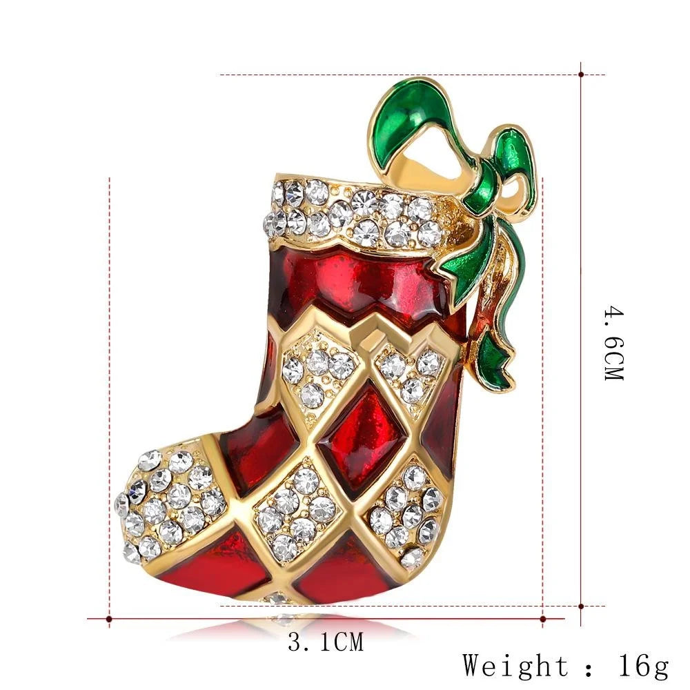 Luxury Rhinestone Enamel Christmas Stocking Boot Brooch, Alloy Holiday Lapel Pin Corsage Gift For Women