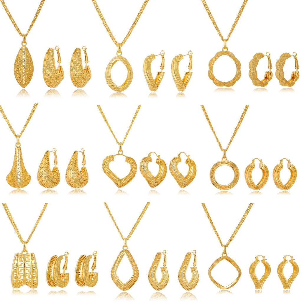 Luxury 24K Gold Plated Alloy Necklace And Hoop Earrings Jewelry Set, Hollow Geometric Bridal Jewelry For Wedding Gift