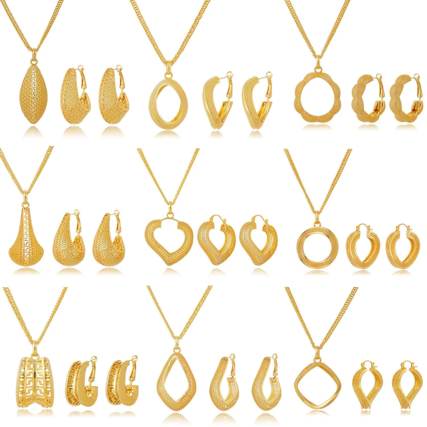 Luxury 24K Gold Plated Alloy Necklace And Hoop Earrings Jewelry Set, Hollow Geometric Bridal Jewelry For Wedding Gift