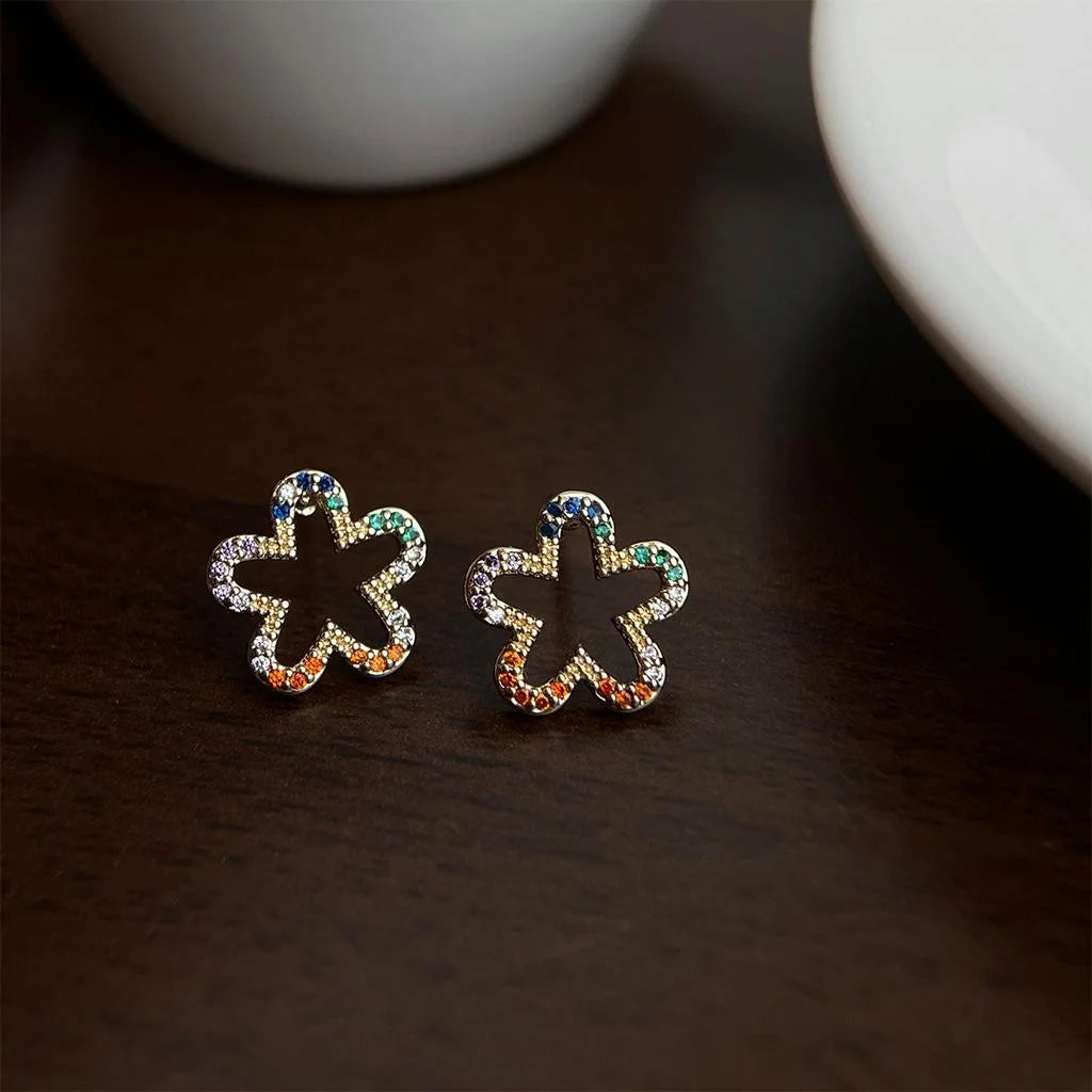 14K Gold Plated Colorful Micro Pave Zircon Hollow Flower Stud Earrings For Women