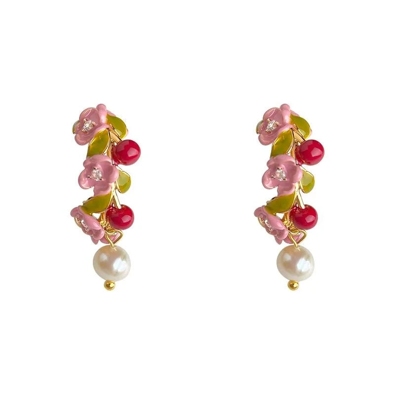 Original Design Floral Enamel Painted Copper Freshwater Pearl Pastoral Drop Earrings for Women
