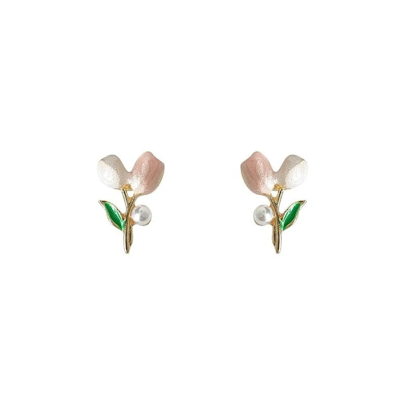Sweet Pink Enamel Tulip Flower Copper Stud Earrings, Two Tone Elegant Cute Daily Jewelry