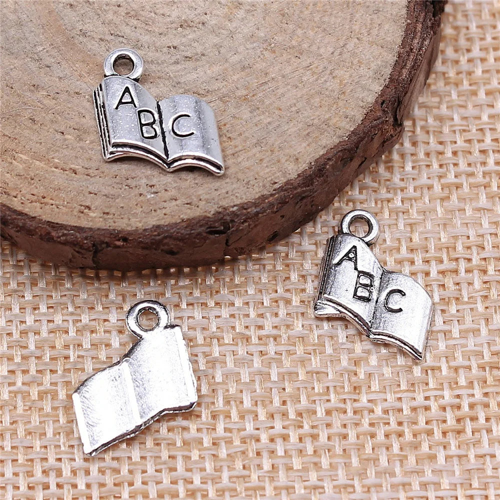 11x11mm 0.6g Antique Silver Zinc Alloy ABC Textbook Charm Pendant for DIY School Theme Jewelry Making