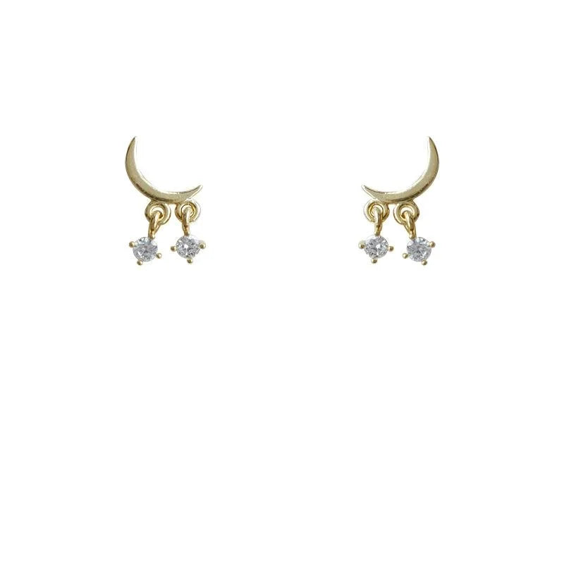 14K Plated Copper Micro Pave Zircon Mini Moon Stud Earrings For Women Simple Geometric Jewelry
