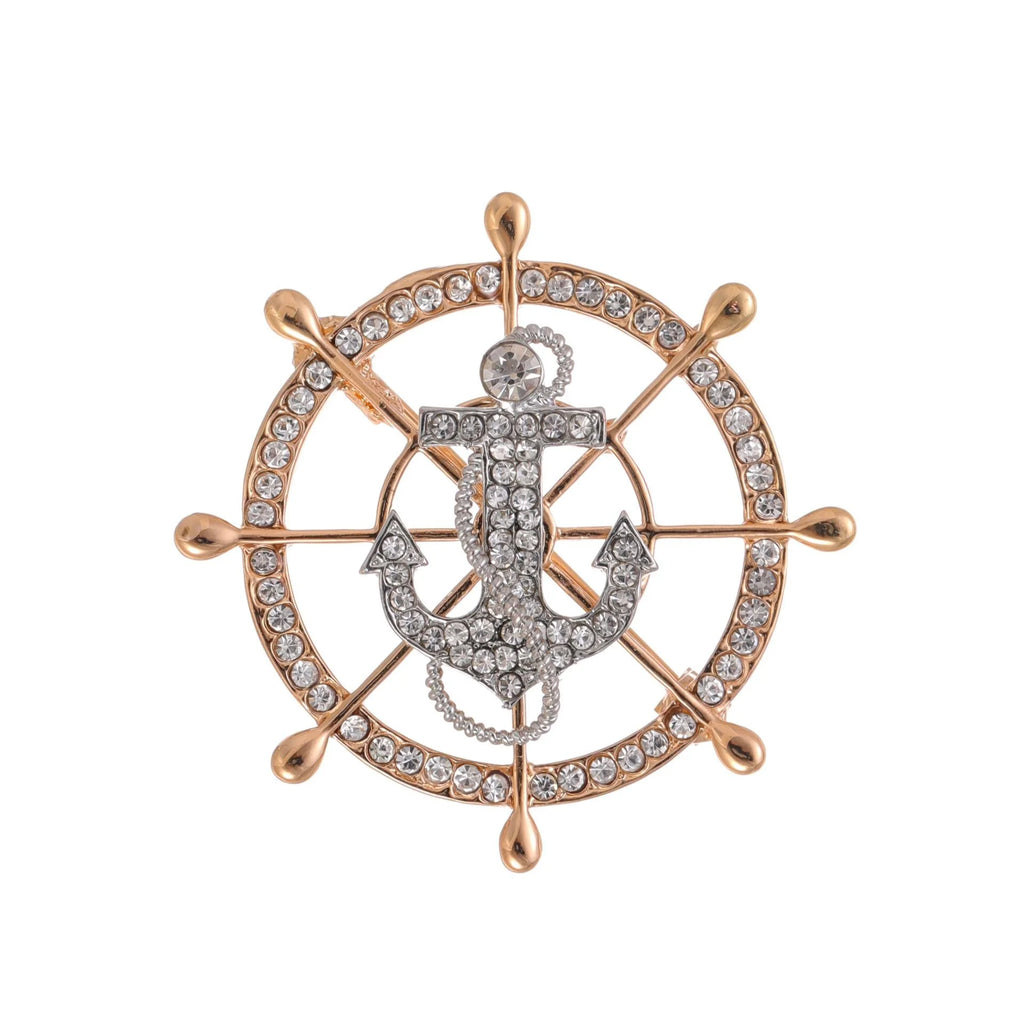 Luxury Rhinestone Alloy Ship Wheel Anchor Brooch, Nautical Lapel Pin Corsage Suit Accessory Gift