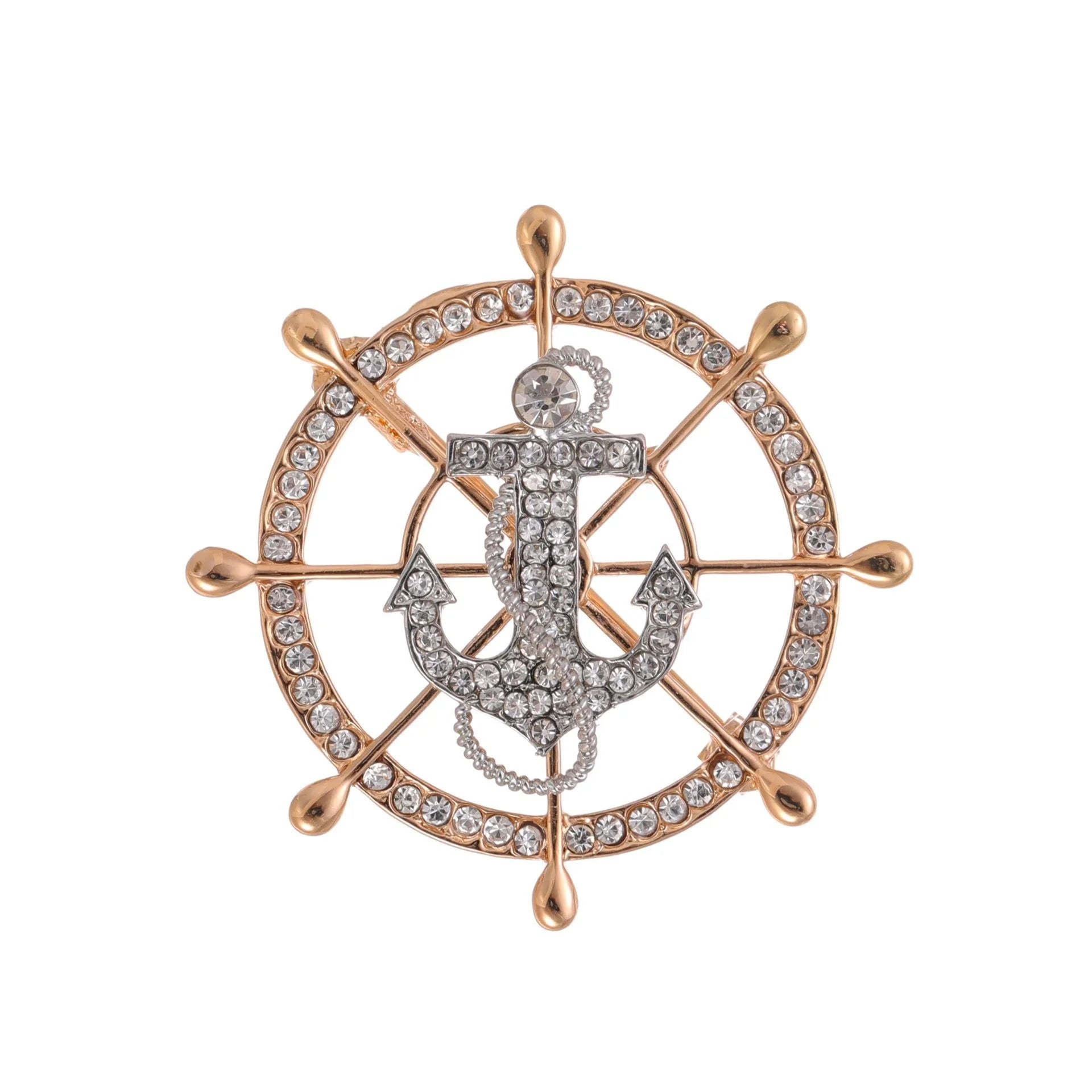 Luxury Rhinestone Alloy Ship Wheel Anchor Brooch, Nautical Lapel Pin Corsage Suit Accessory Gift