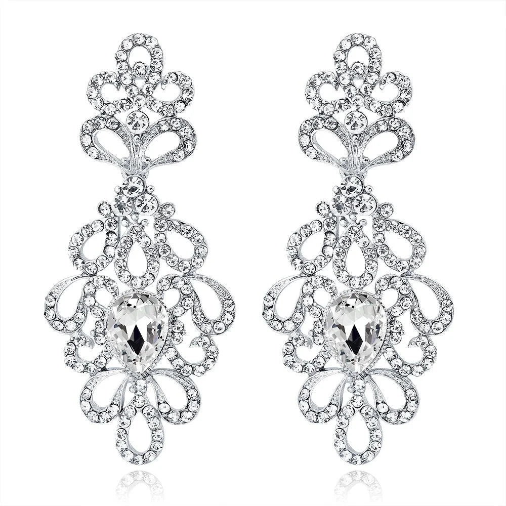 Elegant Hollow Floral Rhinestone Crystal Drop Earrings For Women's Wedding Banquet Party Gift