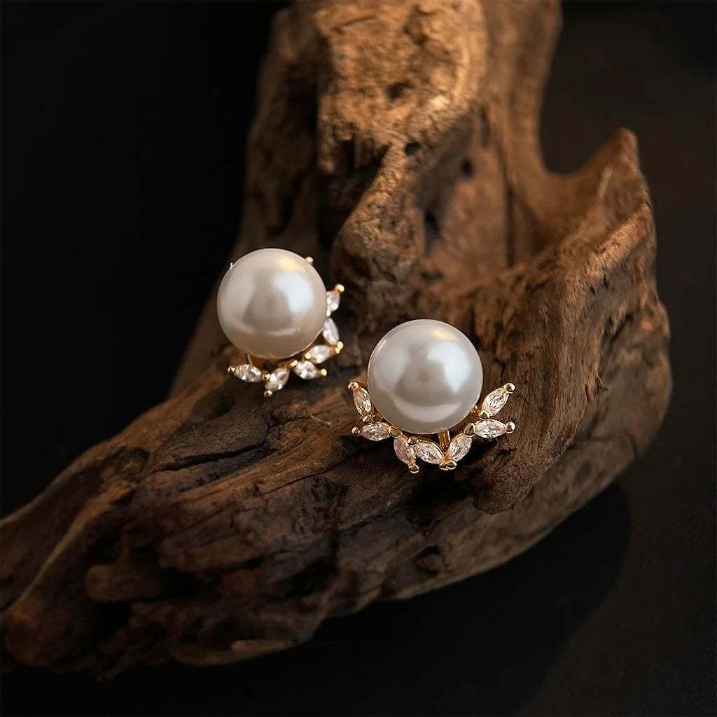 14K Gold Plated Copper Glass Pearl Zircon Floral Leaf Stud Earrings Elegant Commuter Jewelry