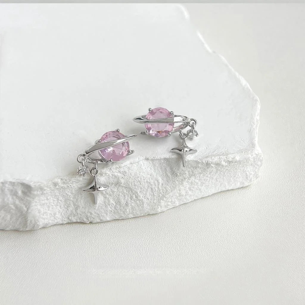 Original Design Planet Star Pink Zircon Copper Stud Earrings
