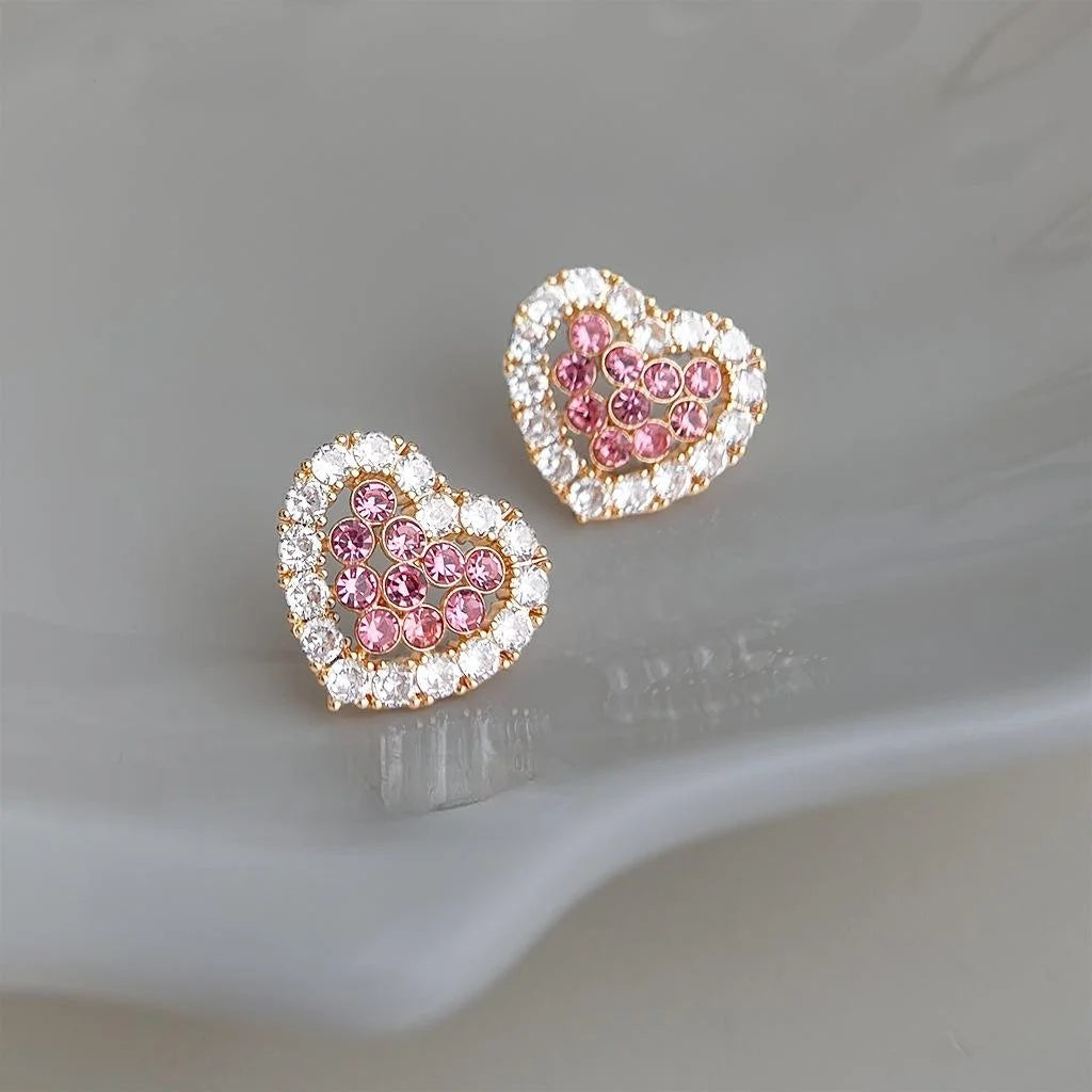 Elegant Pink Heart Zircon Copper 14K Plated Micro Pave Stud Earrings