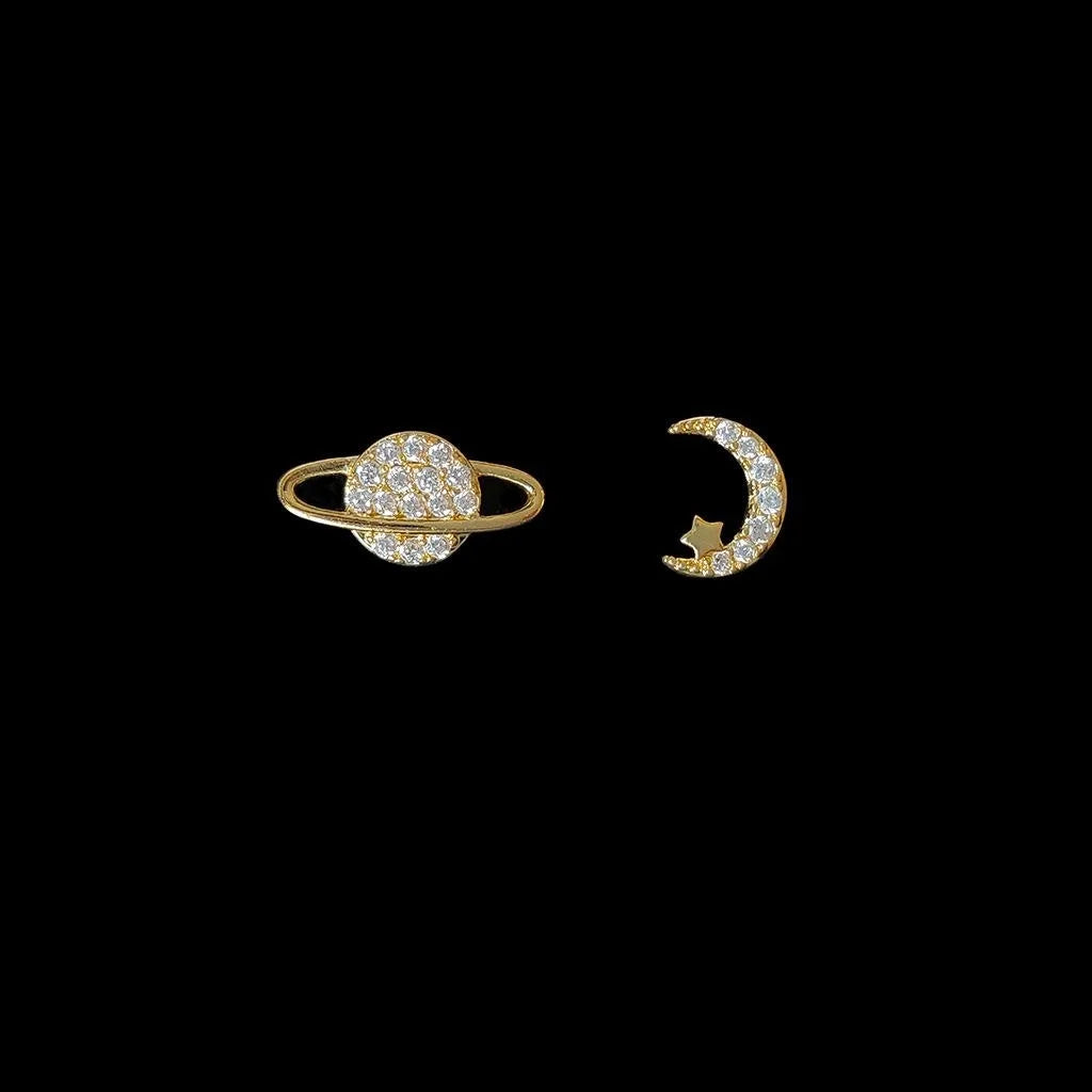 Micro Pave Zircon Star Moon Stud Earrings For Women, Simple Asymmetric Copper Mini Ear Jewelry