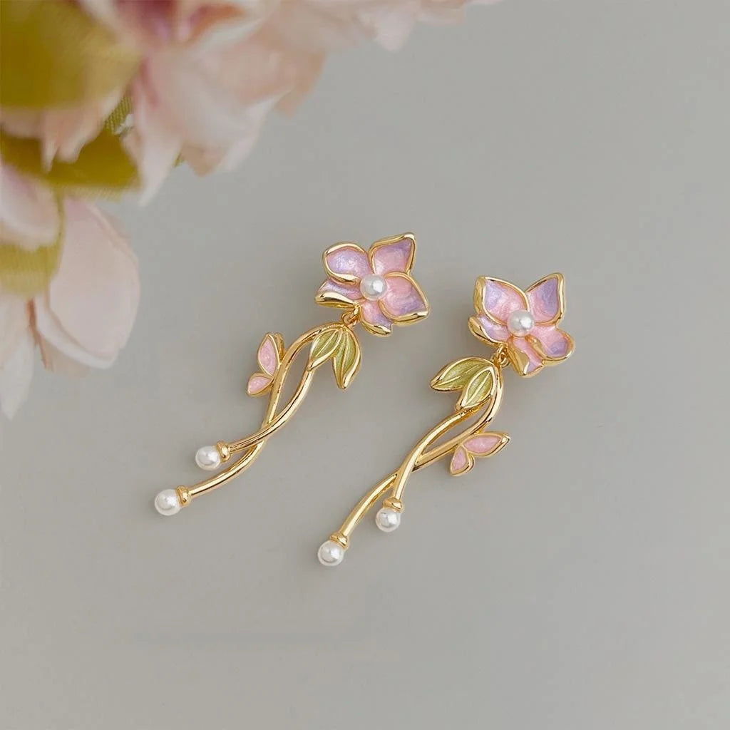 Hand Painted Sweet Floral Enamel Copper Drop Earrings With Pearl Tassels