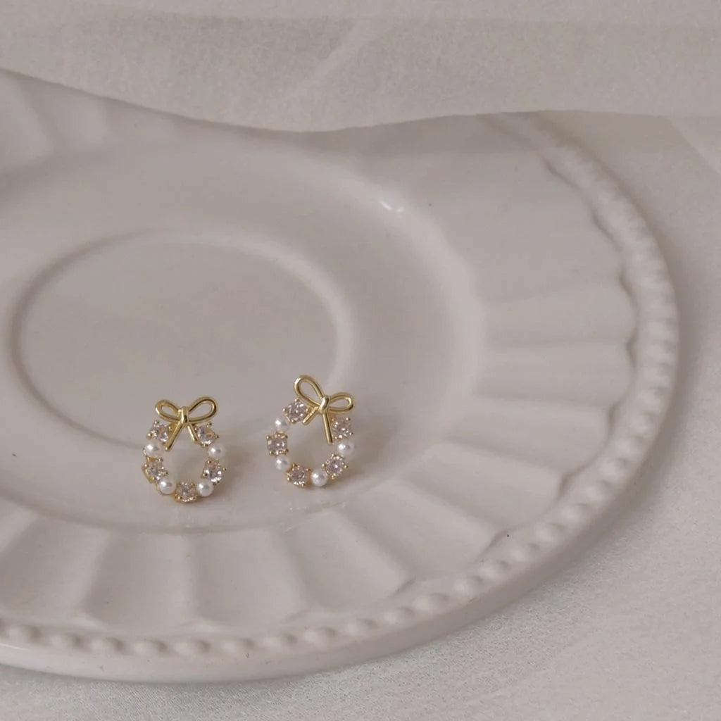 14K Gold Plated Copper Micro Pave Zircon Bow Stud Earrings Sweet Korean Style