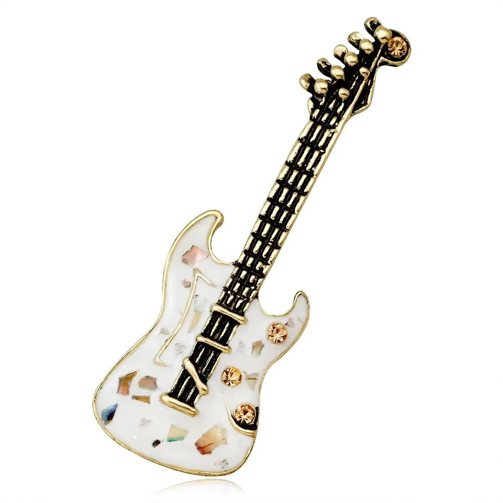 Vintage Guitar Brooch With Mother Of Pearl Shell And Rhinestone, Unisex Instrument Lapel Pin Suit Accessory