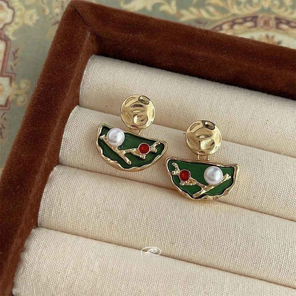 14K Gold Plated High Luster Pearl Geometric Round Drop Earrings, French Court New Chinese Style