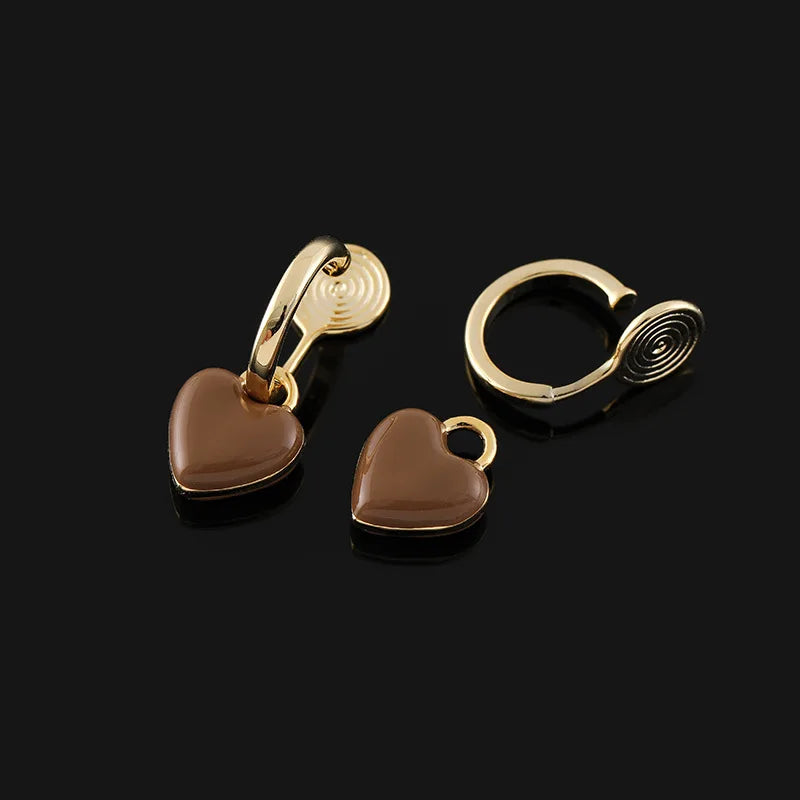 Elegant Coffee Brown Enamel Heart Charm Gold Alloy Stud & Clip On No Piercing Hoop Drop Earrings